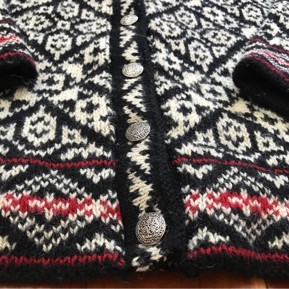 Vintage LL Bean Nordic Fair Isle Cardigan Sweater Silver Buttons Large Made USA - Picture 3 of 14